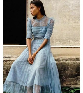 프렌치 폴카 도트 블루 메쉬 드레스    C. French Polka Dot Blue Mesh Dress