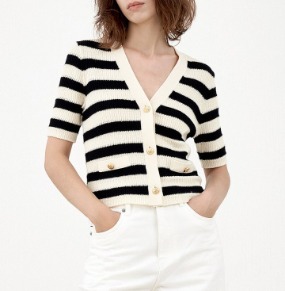 여성 스트라이프 반팔 가디건   Women&#039;s Stripe Short-Sleeved Cardigan