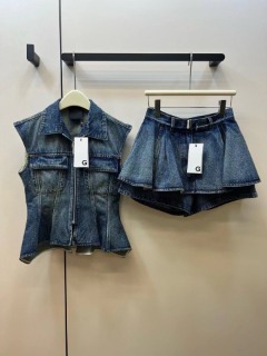 빈티지 스타일 심플 청 민소매 자켓 스커트 세트  G. vintage style simple blue sleeveless jacket skirt set