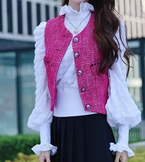 여성 진핑크 컬러 크롭 민소매 자켓   Women&#039;s dark pink color cropped sleeveless jacket