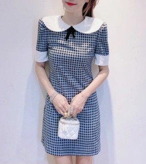 체크 물결 카라 리본 원피스    M. Checkboard Wave Collar Ribbon Dress