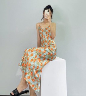 오렌지 플라워 실크 나시 드레스    L. orange flower sleeveless dress