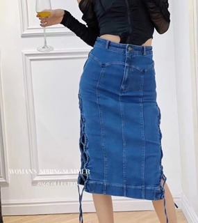 여성 데일리 끈장식 청치마   Women&#039;s Daily String Decorated Jean Skirt