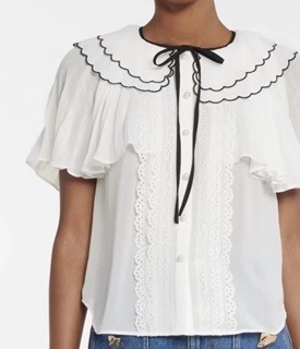 리본장식 레이스 반팔 블라우스    ribbon-decorated lace short-sleeved blouse