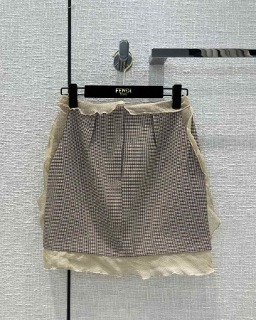여성 레이스 디자인 체크무늬 브라운 미니스커트   Women&#039;s Lace Design Checkerboard Patterned Brown mini Skirt