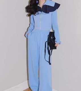 여성 프릴카라 지퍼 디자인 상의 앤 팬츠 세트  Women&#039;s Frill Collar Zipper Design Top &amp; Pants Set