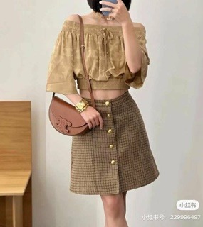 브라운 금색버튼 체크무늬 미니 스커트   Brown Gold Button Checked Mini Skirt
